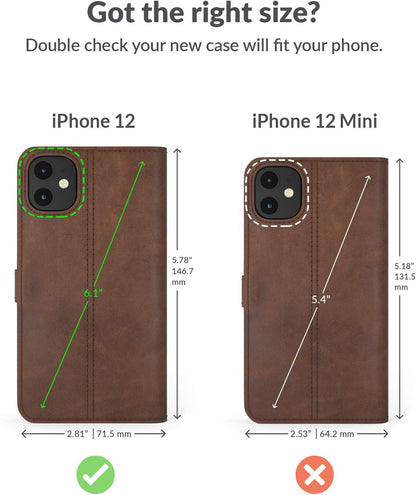 Leather Wallet for Iphone 12 || Genuine Leather Wallet Phone Case || Real Leather with Viewing Stand & 3 Card Holder || Flip Folio Cover with Card Slot (Brown)
